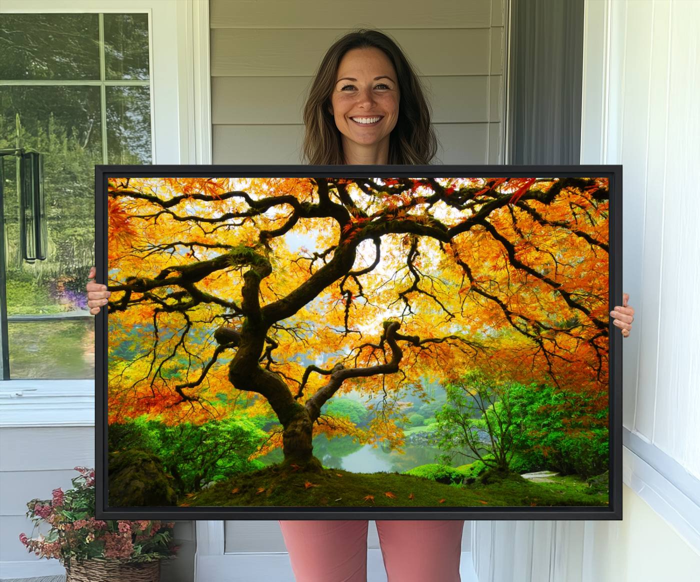 78748-MGV-CV-36X24-Portland Japanese Maple Tree Canvas Wall Art – Japanese Garden Landscape Print – Framed and Ready to