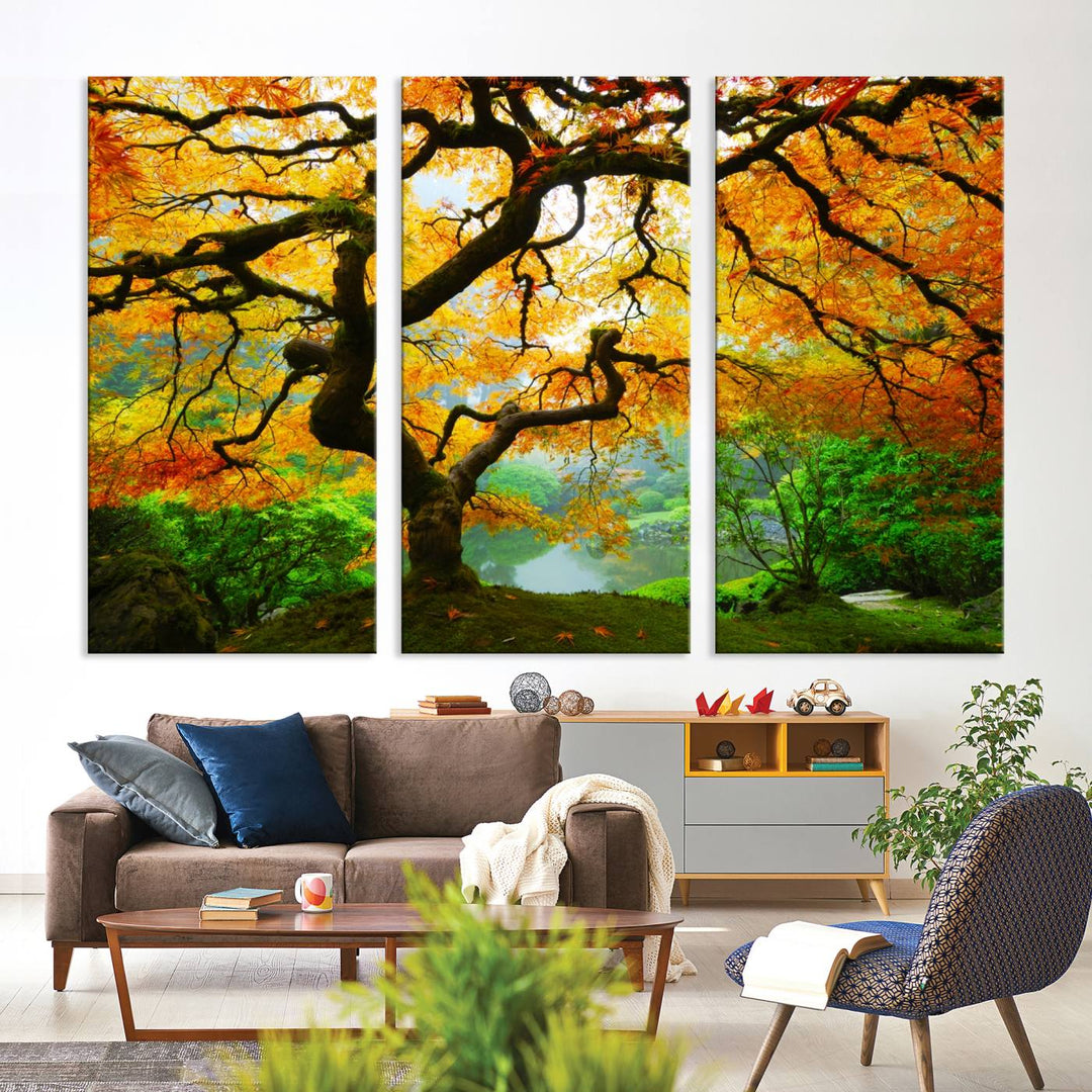 Portland Japanese Maple Tree Canvas Wall Art – Japanese Garden Landscape Print – Framed and Ready to Hang for Living Room or Office Decor