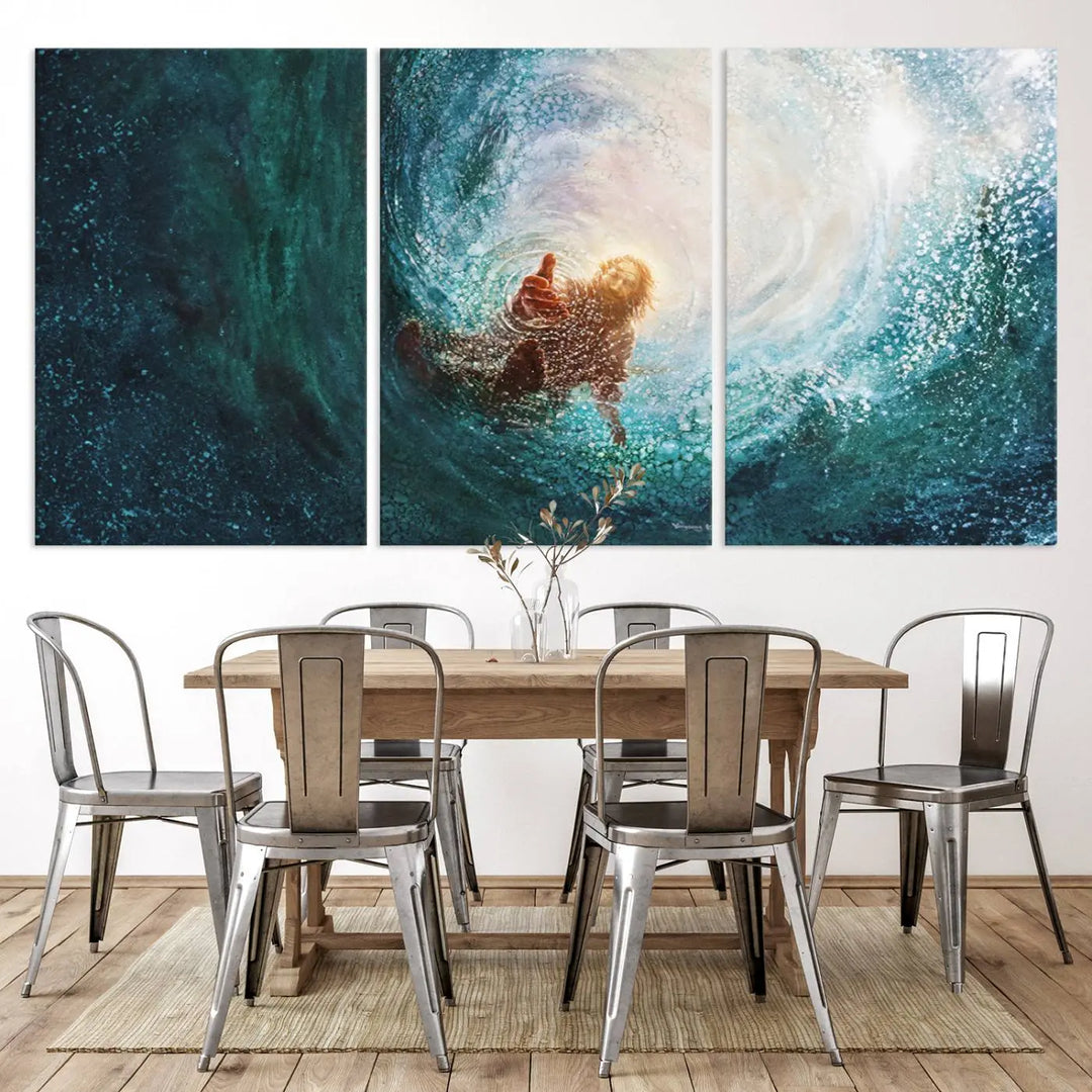 A triptych canvas print featuring the "Powerful Jesus" design titled "Hand of Salvation" offers an inspirational piece for home or religious spaces.