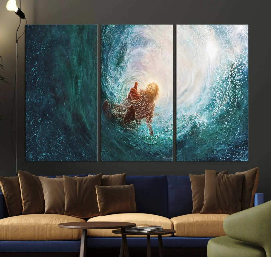 A triptych canvas print featuring the "Powerful Jesus" design titled "Hand of Salvation" offers an inspirational piece for home or religious spaces.