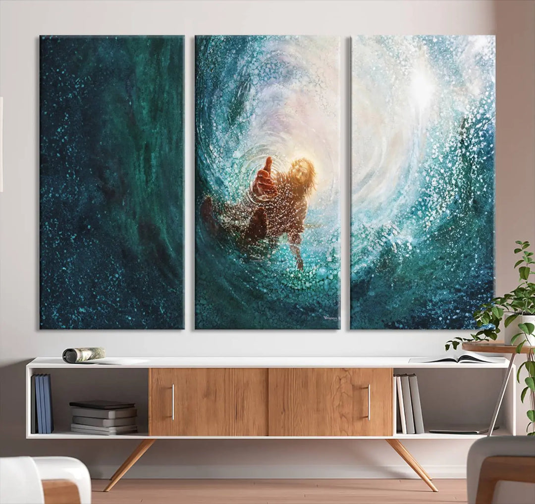 A triptych canvas print featuring the "Powerful Jesus" design titled "Hand of Salvation" offers an inspirational piece for home or religious spaces.