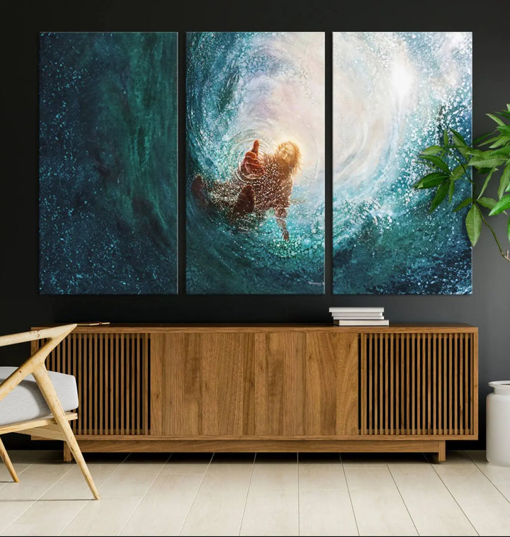 A triptych canvas print featuring the "Powerful Jesus" design titled "Hand of Salvation" offers an inspirational piece for home or religious spaces.