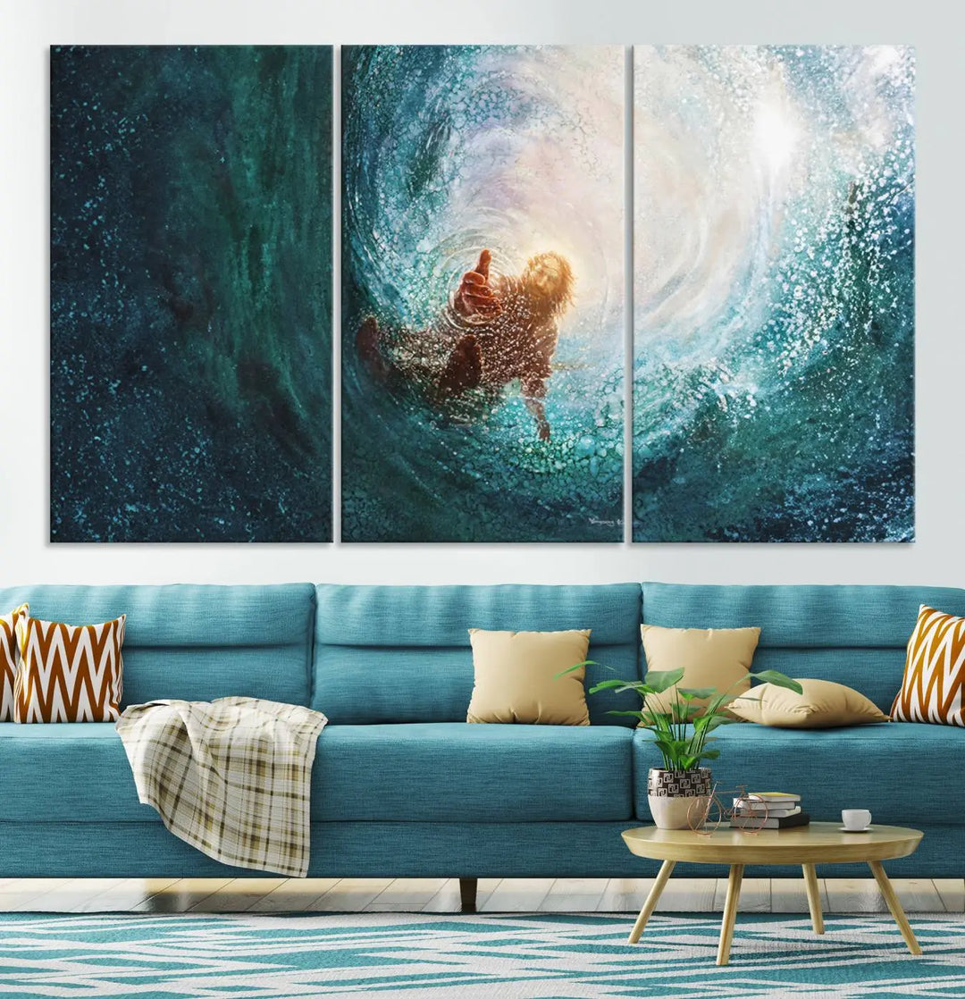 A triptych canvas print featuring the "Powerful Jesus" design titled "Hand of Salvation" offers an inspirational piece for home or religious spaces.