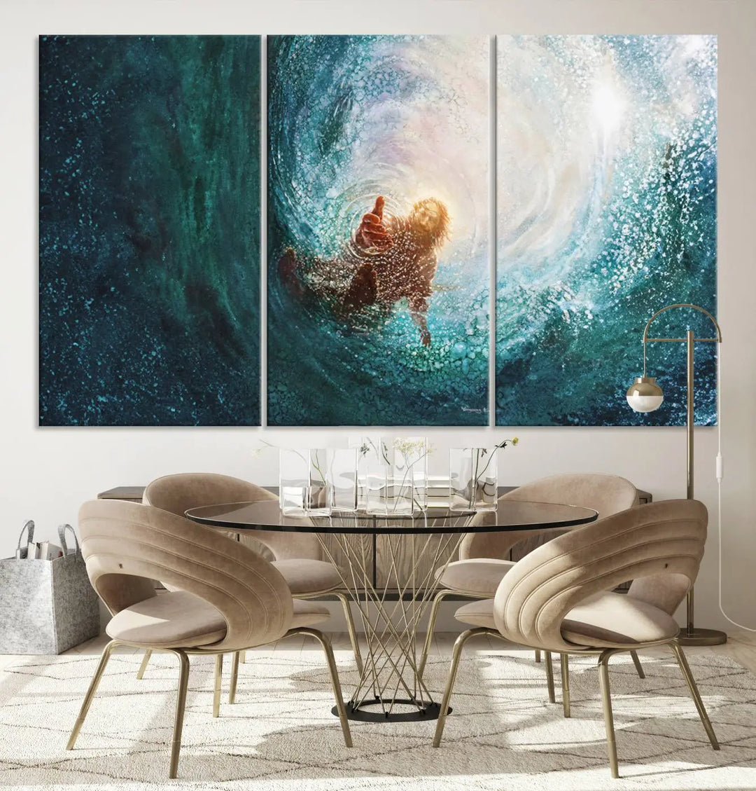 A triptych canvas print featuring the "Powerful Jesus" design titled "Hand of Salvation" offers an inspirational piece for home or religious spaces.