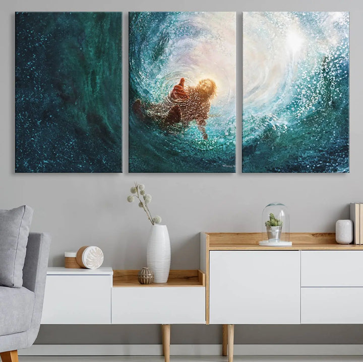 A triptych canvas print featuring the "Powerful Jesus" design titled "Hand of Salvation" offers an inspirational piece for home or religious spaces.