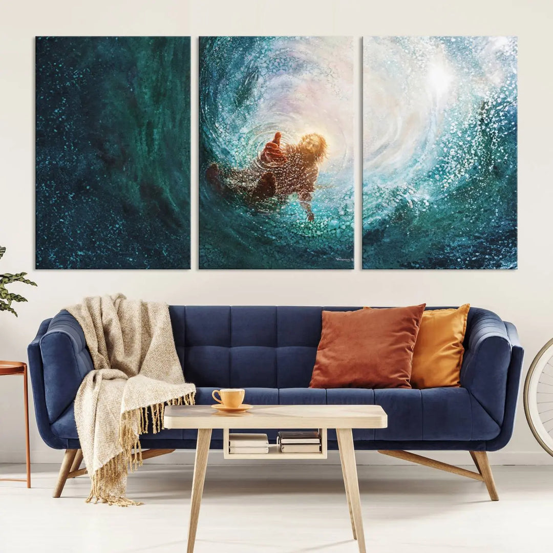 A triptych canvas print featuring the "Powerful Jesus" design titled "Hand of Salvation" offers an inspirational piece for home or religious spaces.