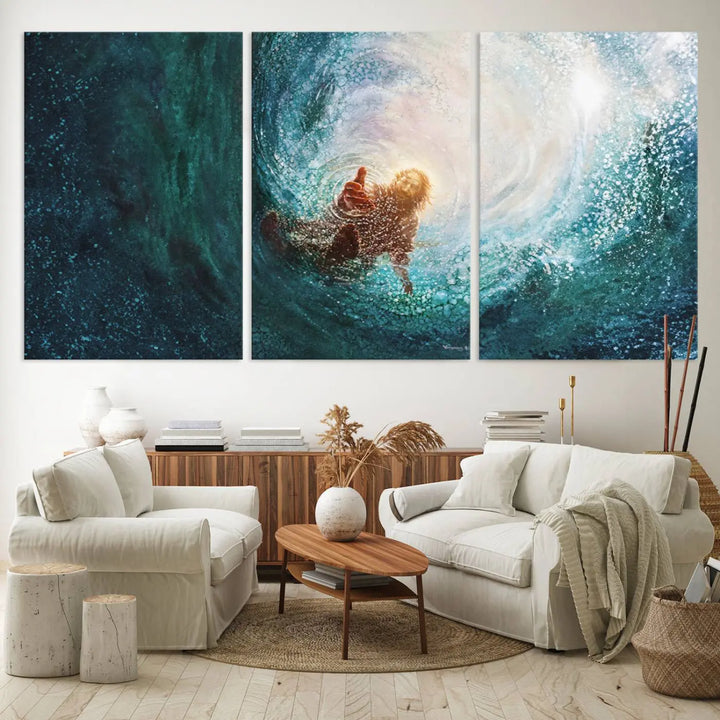 A triptych canvas print featuring the "Powerful Jesus" design titled "Hand of Salvation" offers an inspirational piece for home or religious spaces.