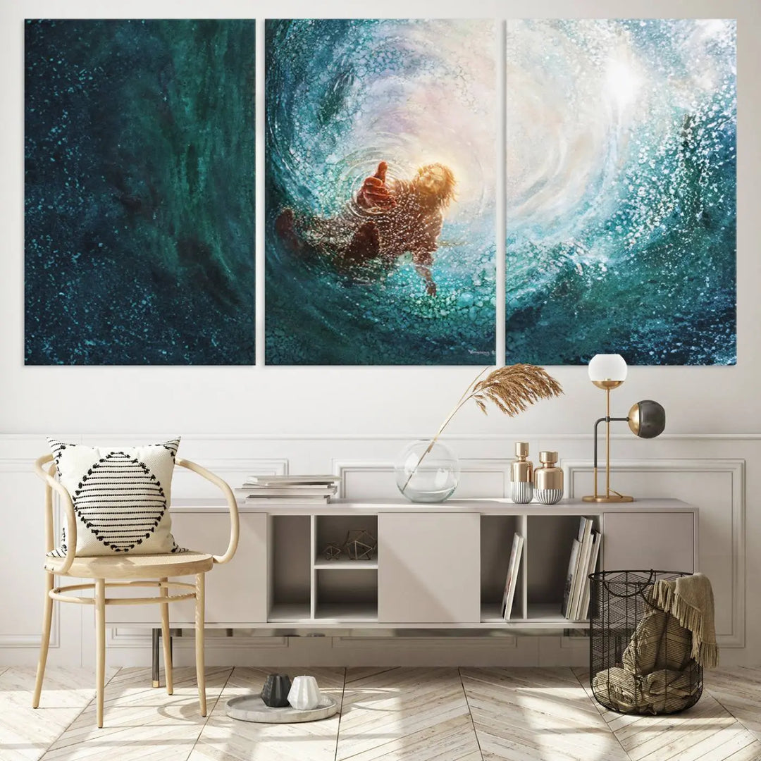 A triptych canvas print featuring the "Powerful Jesus" design titled "Hand of Salvation" offers an inspirational piece for home or religious spaces.