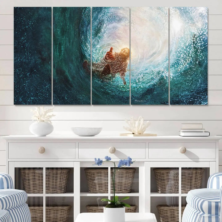 A triptych canvas print featuring the "Powerful Jesus" design titled "Hand of Salvation" offers an inspirational piece for home or religious spaces.