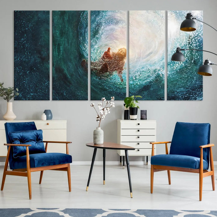 A triptych canvas print featuring the "Powerful Jesus" design titled "Hand of Salvation" offers an inspirational piece for home or religious spaces.