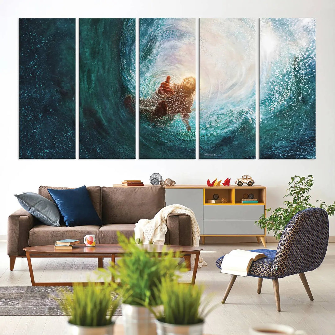 A triptych canvas print featuring the "Powerful Jesus" design titled "Hand of Salvation" offers an inspirational piece for home or religious spaces.