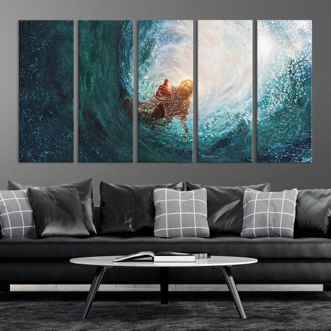 A triptych canvas print featuring the "Powerful Jesus" design titled "Hand of Salvation" offers an inspirational piece for home or religious spaces.