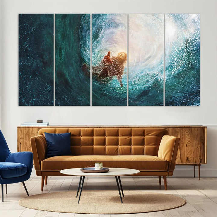 A triptych canvas print featuring the "Powerful Jesus" design titled "Hand of Salvation" offers an inspirational piece for home or religious spaces.