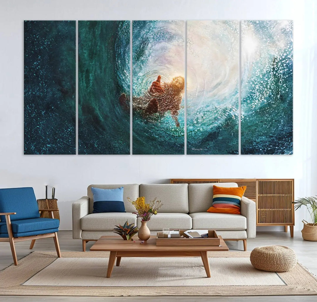 A triptych canvas print featuring the "Powerful Jesus" design titled "Hand of Salvation" offers an inspirational piece for home or religious spaces.