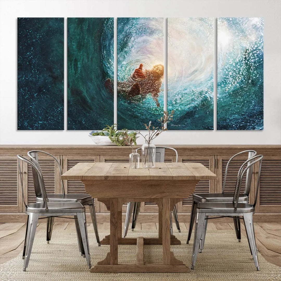 A triptych canvas print featuring the "Powerful Jesus" design titled "Hand of Salvation" offers an inspirational piece for home or religious spaces.