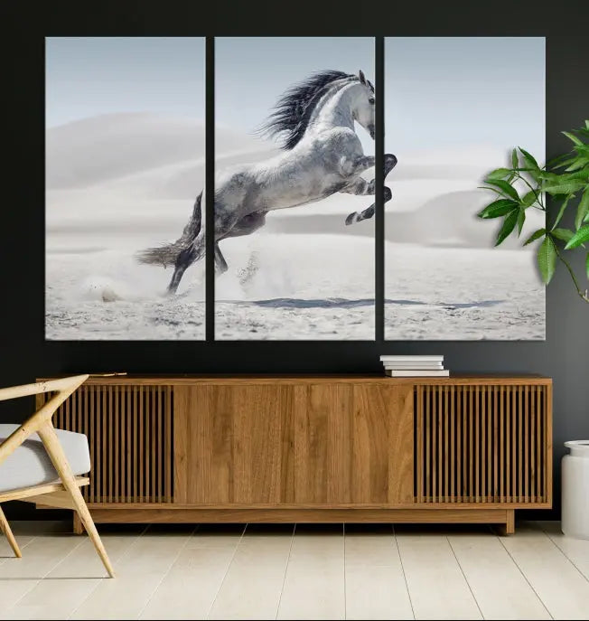 The Prancing Horse on Dessert canvas print, featuring a galloping horse in the desert and printed on museum-quality UV-coated canvas, is mounted prominently.