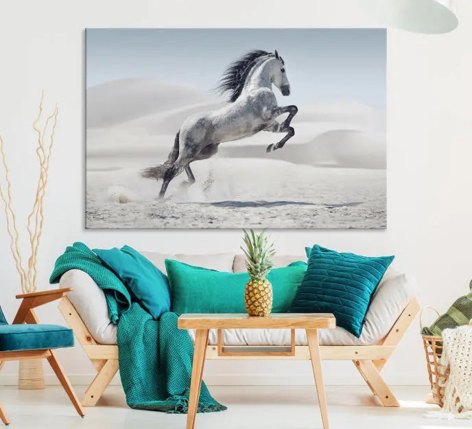 The Prancing Horse on Dessert canvas print, featuring a galloping horse in the desert and printed on museum-quality UV-coated canvas, is mounted prominently.