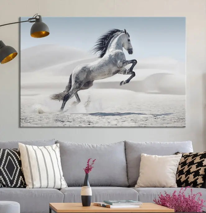 The Prancing Horse on Dessert canvas print, featuring a galloping horse in the desert and printed on museum-quality UV-coated canvas, is mounted prominently.