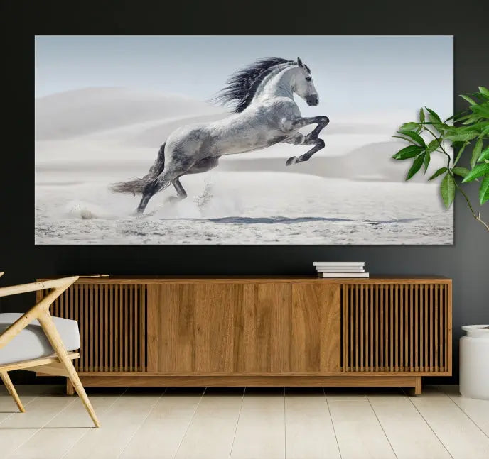 The Prancing Horse on Dessert canvas print, featuring a galloping horse in the desert and printed on museum-quality UV-coated canvas, is mounted prominently.