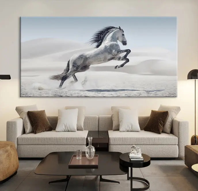 The Prancing Horse on Dessert canvas print, featuring a galloping horse in the desert and printed on museum-quality UV-coated canvas, is mounted prominently.