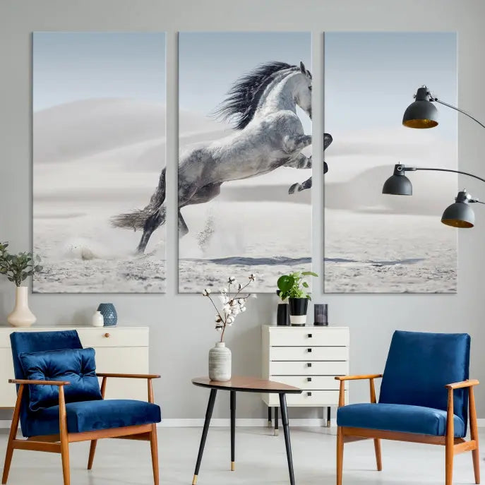 The Prancing Horse on Dessert canvas print, featuring a galloping horse in the desert and printed on museum-quality UV-coated canvas, is mounted prominently.