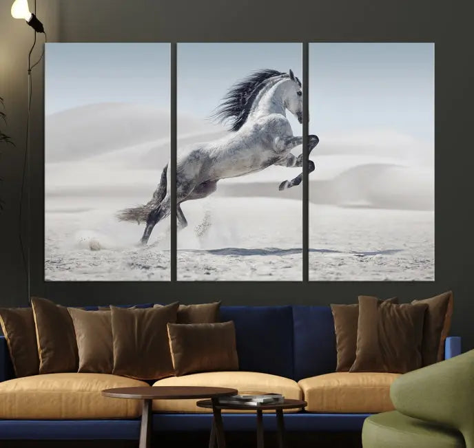 The Prancing Horse on Dessert canvas print, featuring a galloping horse in the desert and printed on museum-quality UV-coated canvas, is mounted prominently.