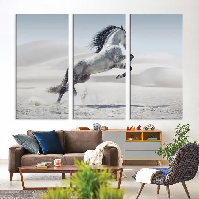 The Prancing Horse on Dessert canvas print, featuring a galloping horse in the desert and printed on museum-quality UV-coated canvas, is mounted prominently.