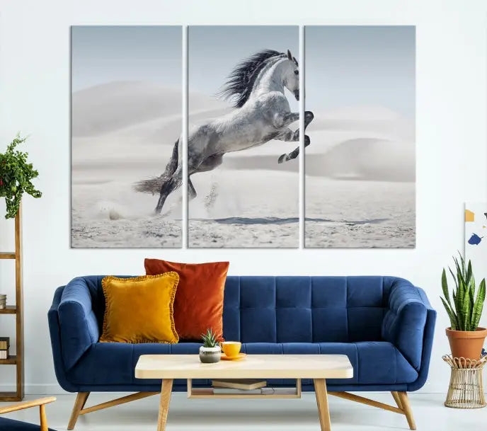 The Prancing Horse on Dessert canvas print, featuring a galloping horse in the desert and printed on museum-quality UV-coated canvas, is mounted prominently.