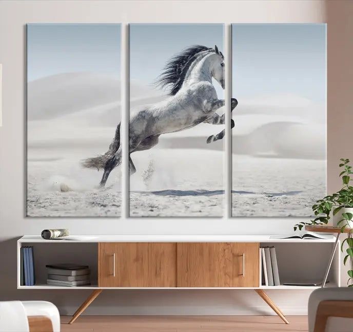 The Prancing Horse on Dessert canvas print, featuring a galloping horse in the desert and printed on museum-quality UV-coated canvas, is mounted prominently.