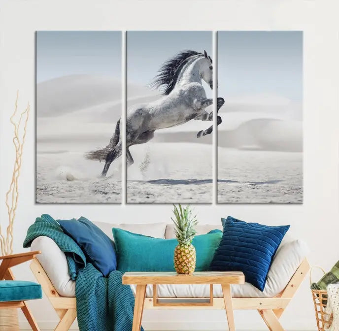 The Prancing Horse on Dessert canvas print, featuring a galloping horse in the desert and printed on museum-quality UV-coated canvas, is mounted prominently.