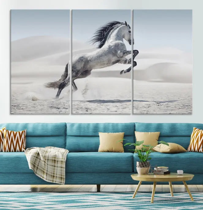 The Prancing Horse on Dessert canvas print, featuring a galloping horse in the desert and printed on museum-quality UV-coated canvas, is mounted prominently.