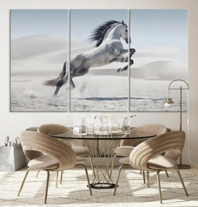 The Prancing Horse on Dessert canvas print, featuring a galloping horse in the desert and printed on museum-quality UV-coated canvas, is mounted prominently.