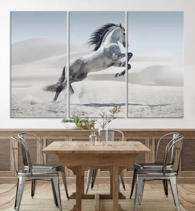 The Prancing Horse on Dessert canvas print, featuring a galloping horse in the desert and printed on museum-quality UV-coated canvas, is mounted prominently.