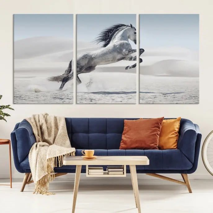 The Prancing Horse on Dessert canvas print, featuring a galloping horse in the desert and printed on museum-quality UV-coated canvas, is mounted prominently.