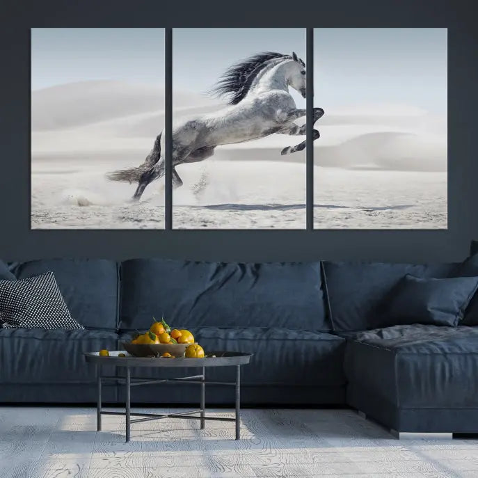 The Prancing Horse on Dessert canvas print, featuring a galloping horse in the desert and printed on museum-quality UV-coated canvas, is mounted prominently.