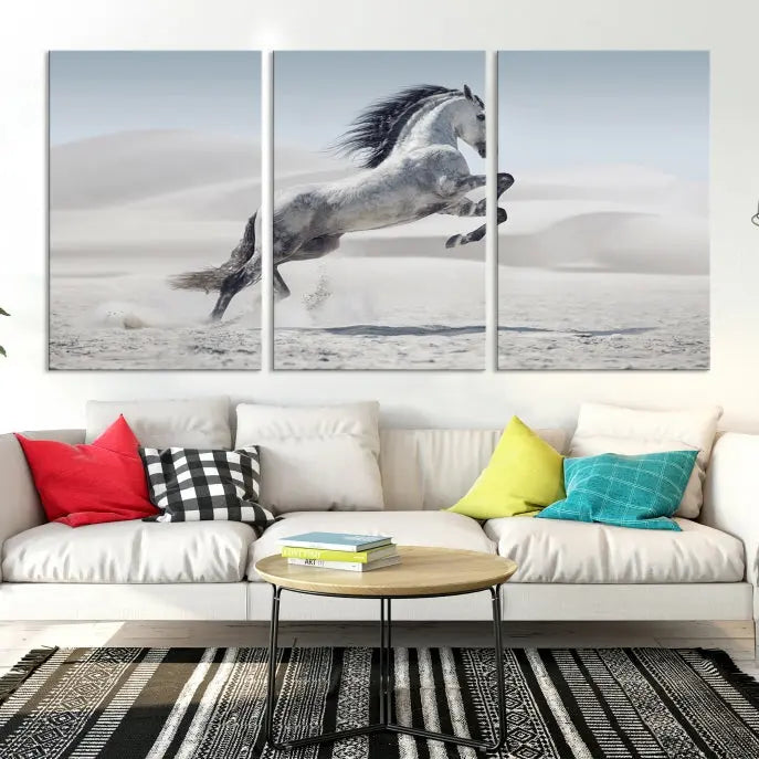 The Prancing Horse on Dessert canvas print, featuring a galloping horse in the desert and printed on museum-quality UV-coated canvas, is mounted prominently.