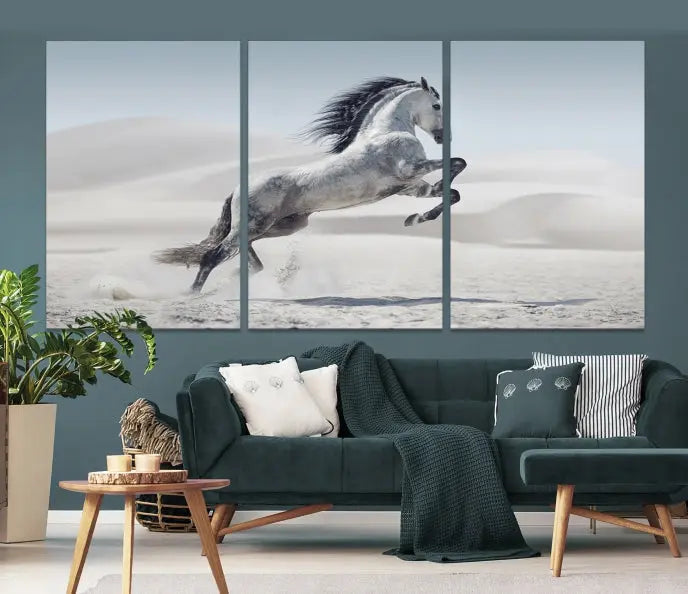 The Prancing Horse on Dessert canvas print, featuring a galloping horse in the desert and printed on museum-quality UV-coated canvas, is mounted prominently.