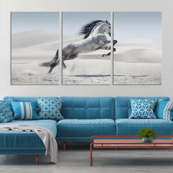 The Prancing Horse on Dessert canvas print, featuring a galloping horse in the desert and printed on museum-quality UV-coated canvas, is mounted prominently.