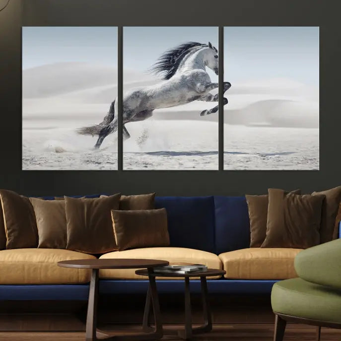 The Prancing Horse on Dessert canvas print, featuring a galloping horse in the desert and printed on museum-quality UV-coated canvas, is mounted prominently.