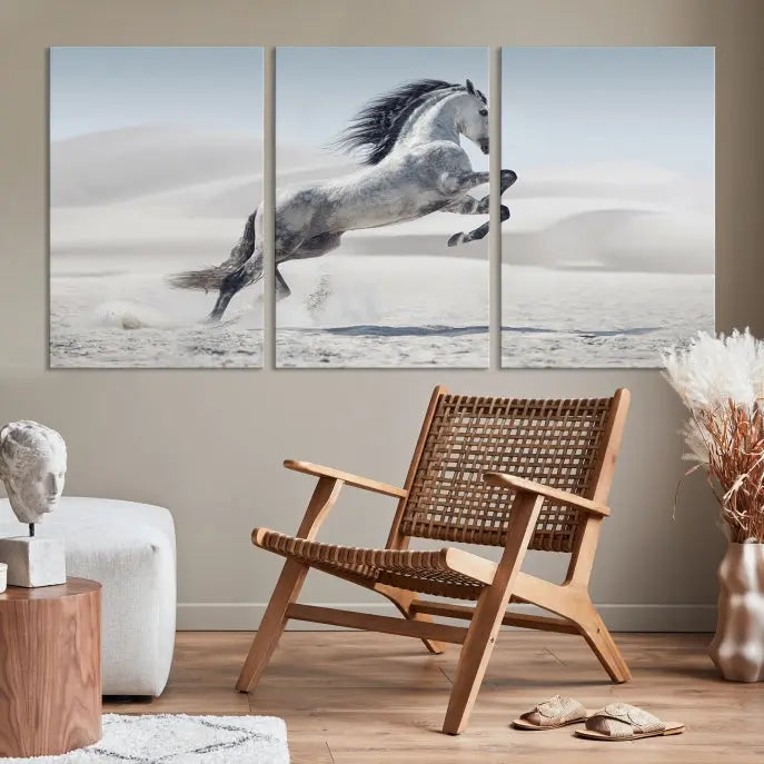 The Prancing Horse on Dessert canvas print, featuring a galloping horse in the desert and printed on museum-quality UV-coated canvas, is mounted prominently.