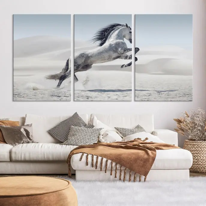 The Prancing Horse on Dessert canvas print, featuring a galloping horse in the desert and printed on museum-quality UV-coated canvas, is mounted prominently.