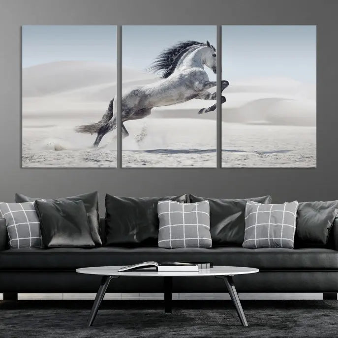 The Prancing Horse on Dessert canvas print, featuring a galloping horse in the desert and printed on museum-quality UV-coated canvas, is mounted prominently.