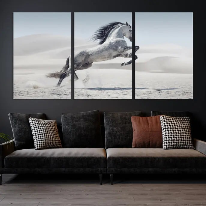 The Prancing Horse on Dessert canvas print, featuring a galloping horse in the desert and printed on museum-quality UV-coated canvas, is mounted prominently.