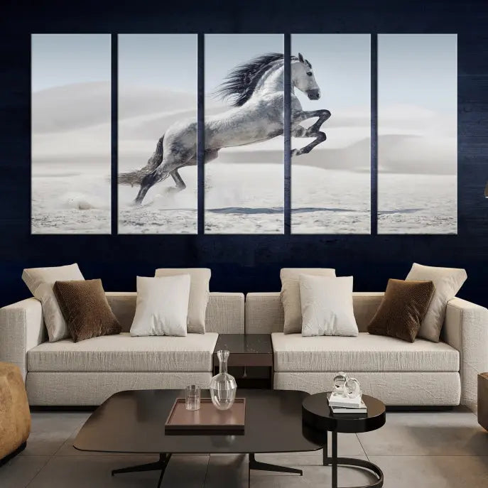 The Prancing Horse on Dessert canvas print, featuring a galloping horse in the desert and printed on museum-quality UV-coated canvas, is mounted prominently.