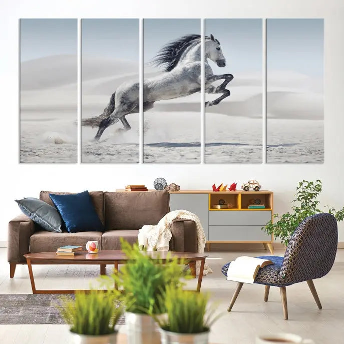 The Prancing Horse on Dessert canvas print, featuring a galloping horse in the desert and printed on museum-quality UV-coated canvas, is mounted prominently.