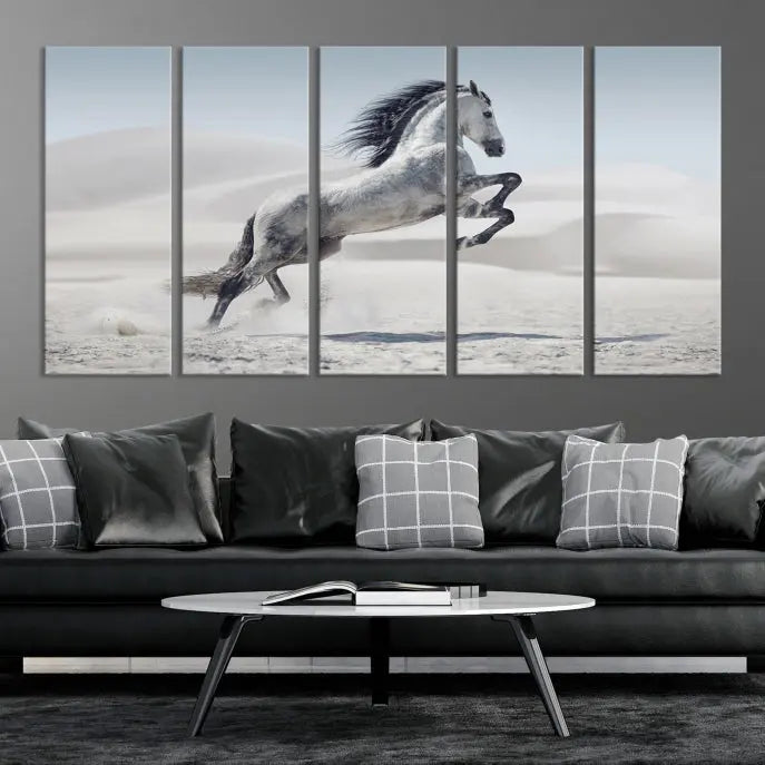 The Prancing Horse on Dessert canvas print, featuring a galloping horse in the desert and printed on museum-quality UV-coated canvas, is mounted prominently.