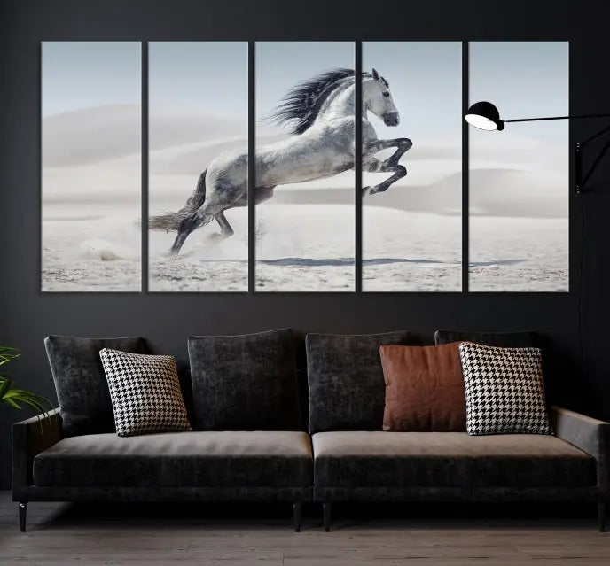 The Prancing Horse on Dessert canvas print, featuring a galloping horse in the desert and printed on museum-quality UV-coated canvas, is mounted prominently.