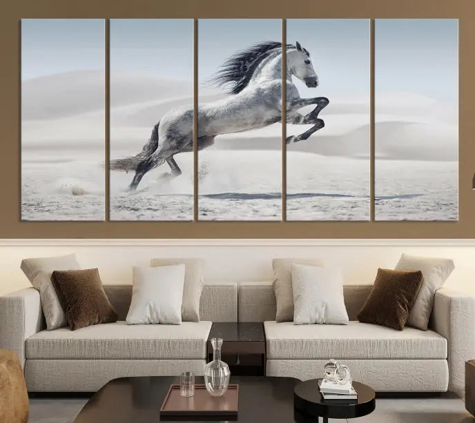 The Prancing Horse on Dessert canvas print, featuring a galloping horse in the desert and printed on museum-quality UV-coated canvas, is mounted prominently.