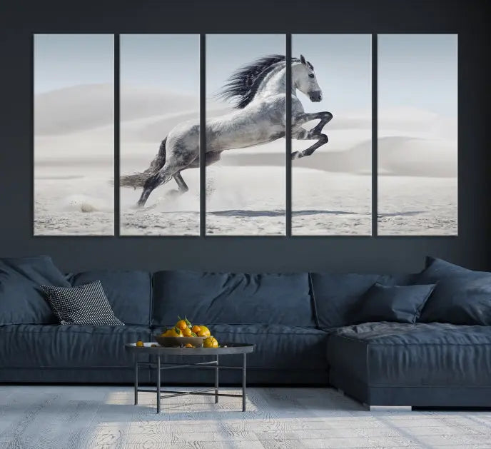 The Prancing Horse on Dessert canvas print, featuring a galloping horse in the desert and printed on museum-quality UV-coated canvas, is mounted prominently.