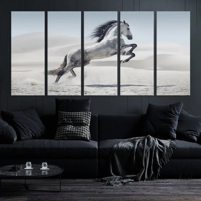 The Prancing Horse on Dessert canvas print, featuring a galloping horse in the desert and printed on museum-quality UV-coated canvas, is mounted prominently.